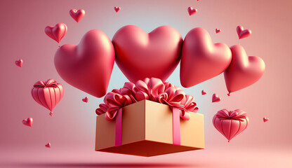 Obraz na płótnie Canvas Valentine's day background with gift box and hearts. 3D rendering, Generative AI