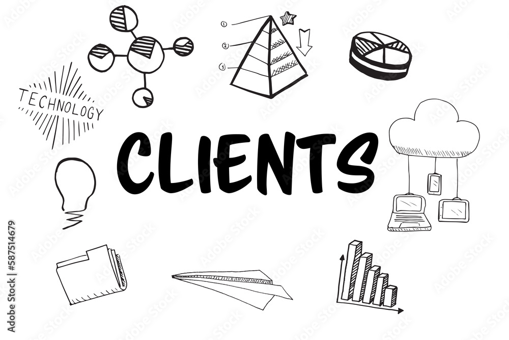 Poster clients text amidst several vector icons