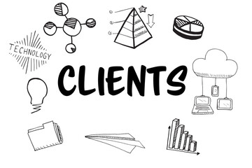 Clients text amidst several vector icons