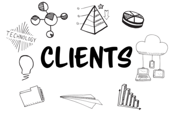 Clients text amidst several vector icons