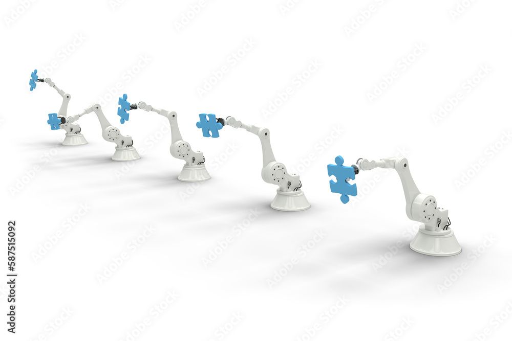 Poster composite image of modern robots with jigsaw puzzles
