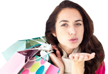 Woman holding shopping bags and throwing a kiss to the screen