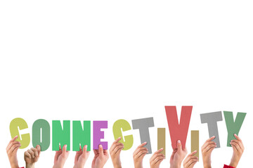 Colorful alphabet spelling connectivity held up by people 