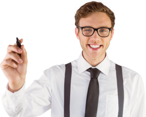 Geeky businessman writing with marker