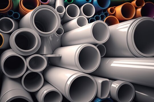 PVC plastic pipes and tubes stacked in warehouse. generative ai
