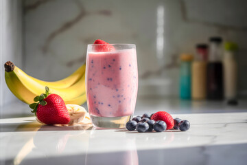 Glass with tasty strawberry banana blueberry smoothie on the marble table in the kitchen, morning breakfast