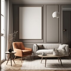 mock up poster frame in modern interior living room with hanging light, grey couch, orange chair, and coffee table with decorations made using generative ai