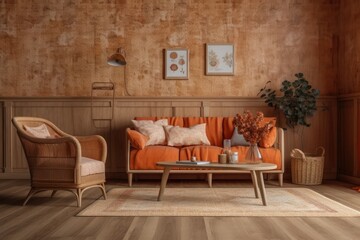 Orange beige farmhouse living room mockup. Parquet, rattan, couch, wallpaper. Vintage decor,. Generative AI