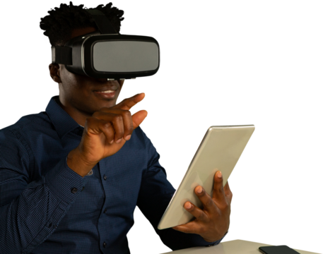 Male African-american use virtual reality headset and digital tablet