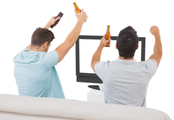 Football fans holding beer and cheering
