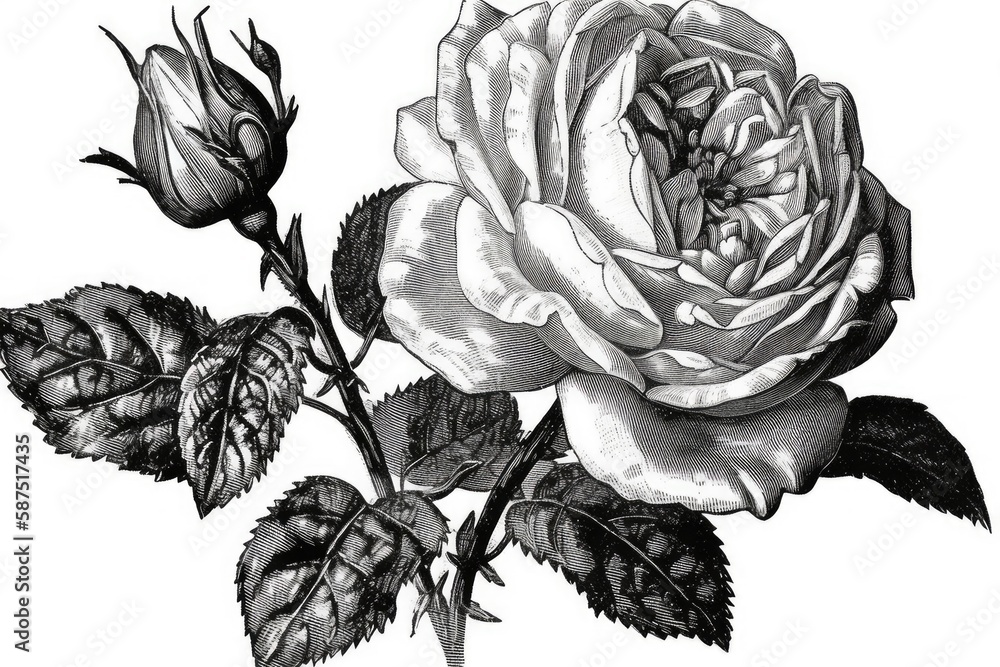 Poster monochromatic sketch of a rose. Generative AI