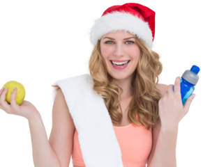 Festive fit blonde smiling at camera