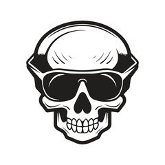 skull wearing sunglasses, logo concept black and white color, hand drawn illustration