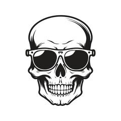 skull wearing sunglasses, logo concept black and white color, hand drawn illustration