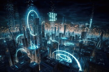 futuristic city at night with vibrant neon lights. Generative AI