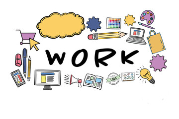 Work text surrounded by various icons