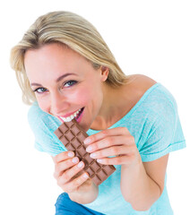 Pretty blonde eating bar of chocolate