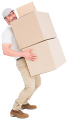 Tired delivery man carrying stack boxes 