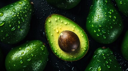 Avocado seamless background with water drops, top view, flat lay. Generative AI