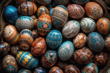 Fototapeta na wymiar basket filled with colorful painted eggs for Easter. Generative AI