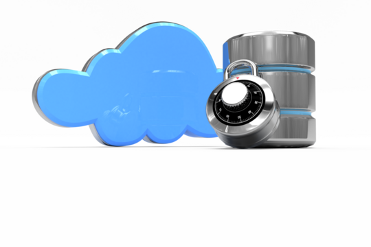 Database server icon with blue cloud and combination lock