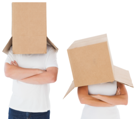 Mature couple wearing boxes over their heads