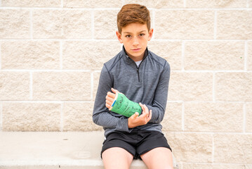 Young preteen boy athlete with arm cast sitting on bench outside