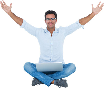 Successful man with laptop sitting isolated on white background