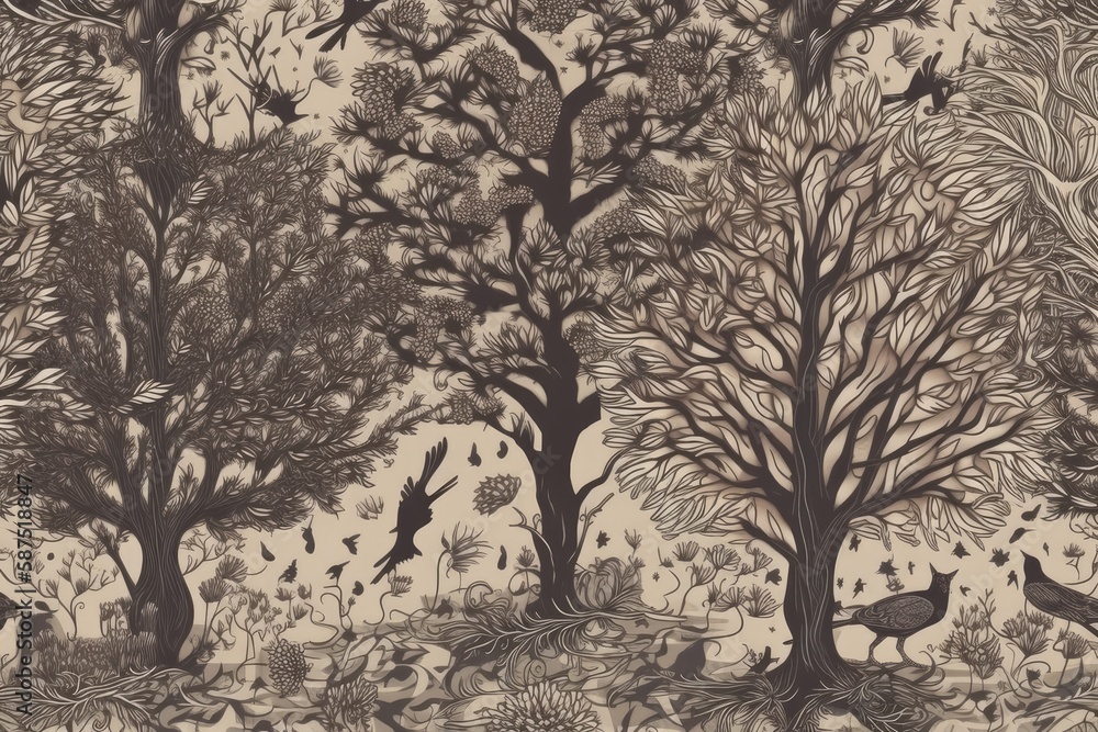 Poster trees and birds in a serene forest setting. generative ai