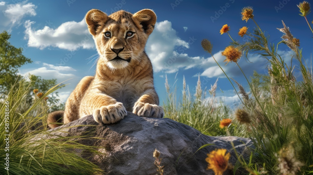 Wall mural lion cub sitting on top of a rock in a field of grass. created with generative ai.