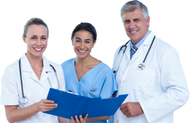 Portrait of happy doctors and nurse with clipboard