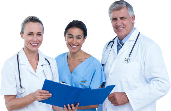 Portrait of happy doctors and nurse with clipboard