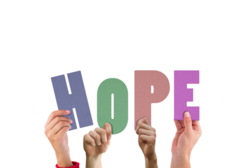 Colorful alphabet spelling hope held up by people