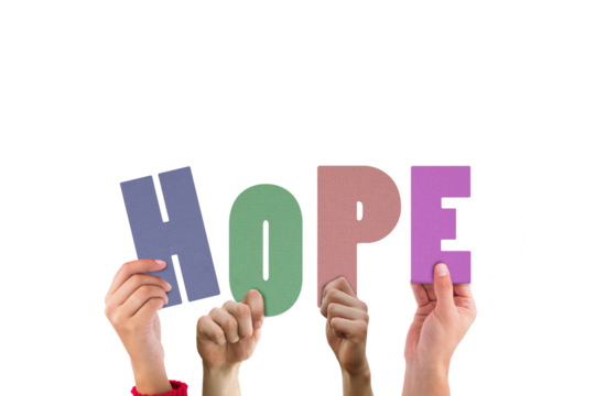 Colorful alphabet spelling hope held up by people