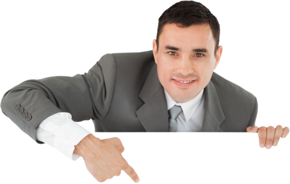 Businessman pointing at sign under him