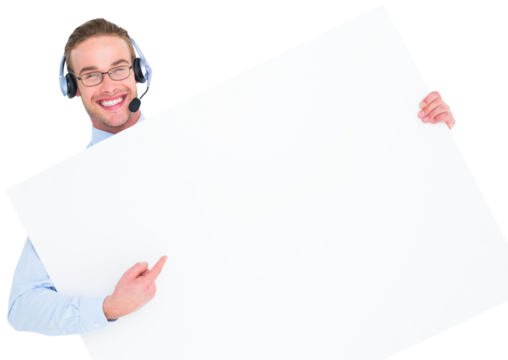 Businessman showing card wearing headset - Powered by Adobe