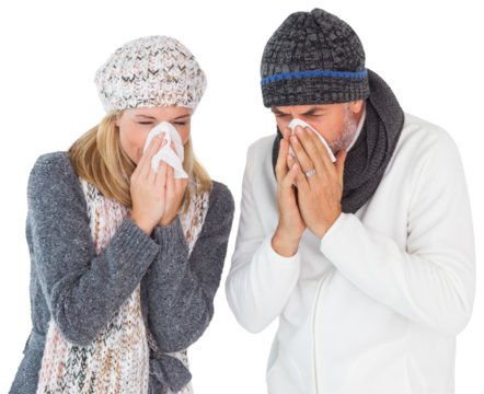 Couple sneezing in tissue