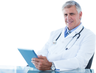Portrait of confident male doctor using digital tablet