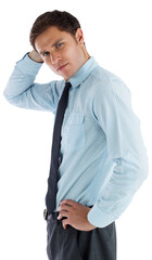 Thinking businessman with hand on head