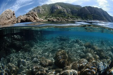 Split image of the water's surface and below it, showing a school of fish below and a rocky shore above it in the Mediterranean Sea off the coast of France's Pyrenees Orientales. Generative AI