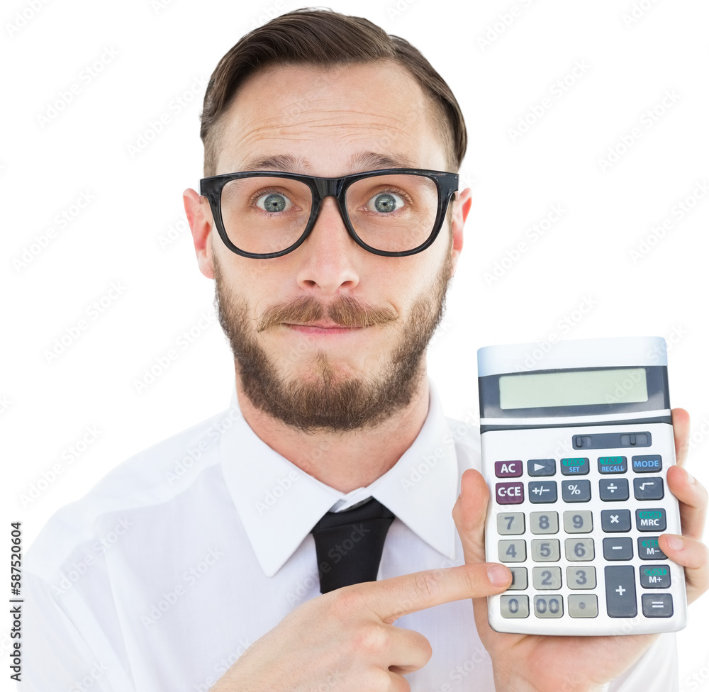 Poster geeky businessman pointing to calculator