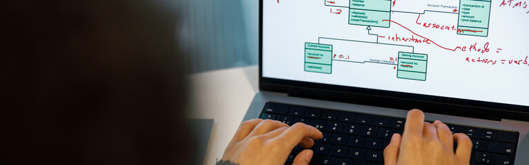 Close up of woman hands working remotely on laptop. Online studying