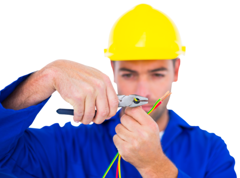 Electrician wearing hard hat while cutting wire with pliers - Powered by Adobe