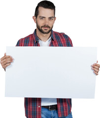Portrait of young man holding blank placard