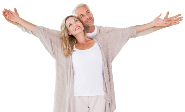 Cheerful couple with arms outstretched