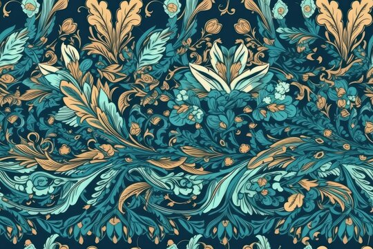 blue and gold floral wallpaper design with intricate leaf patterns. Generative AI