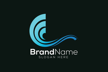 Letter E blue ocean wave logo design template