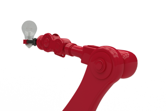 Graphic image of red robotic hand holding filament