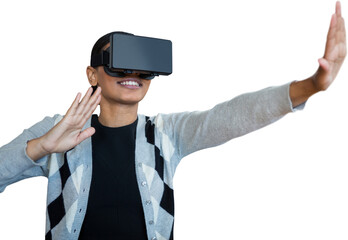 Smiling young woman gesturing while wearing virtual reality glasses