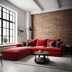 Interior design of modern apartment, living room with red corner sofa over red brick wall with copy space. Home interior with black coffee table and big floor to ceiling windows. 3d rendering made Ai